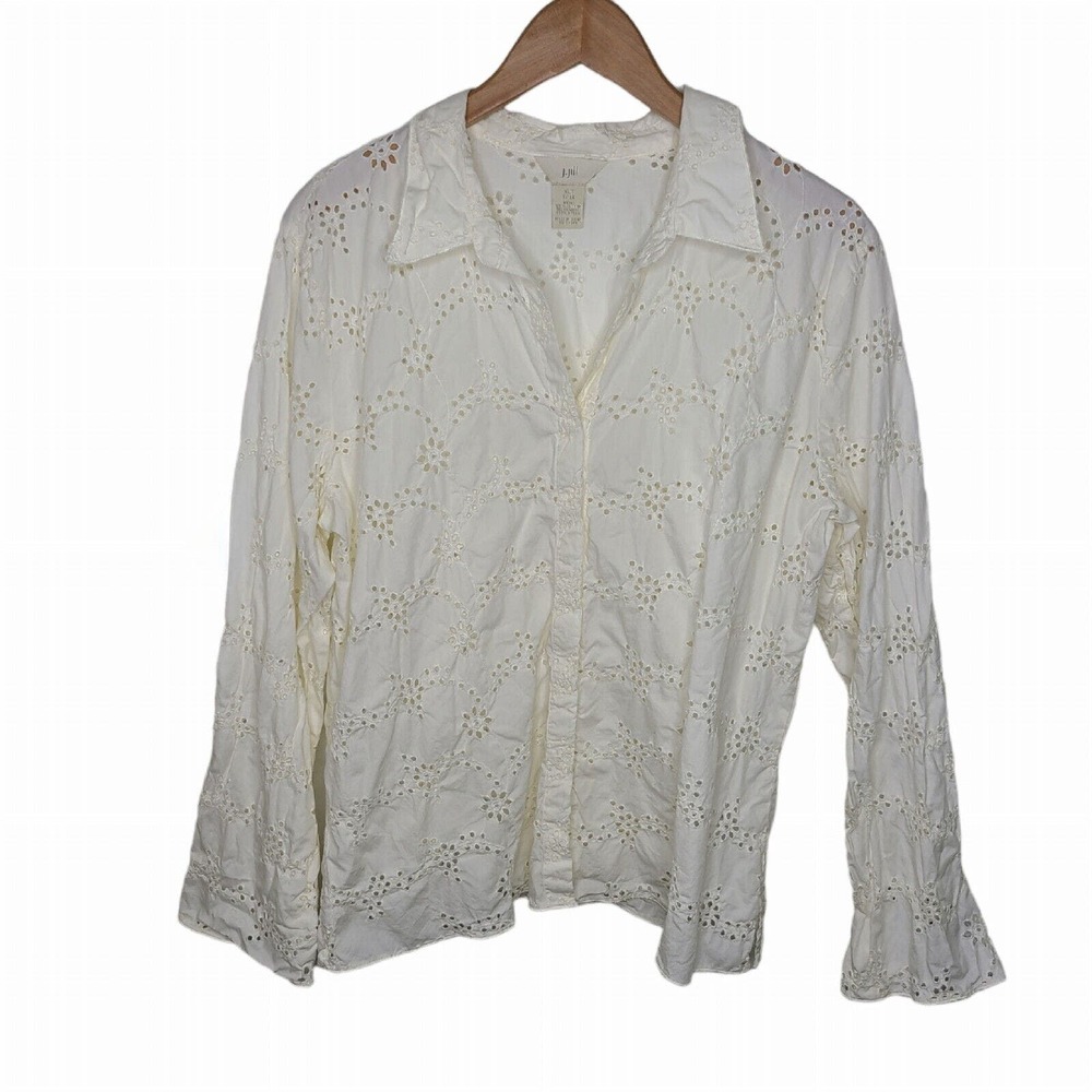 J Jill Womens SZ XLT‎ Ivory Eyelet Lace Blouse Button Up Cotton Long Sleeve